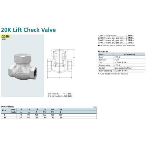 Lift Check Valve Ductile KITZ Fig. 20 SN , 1" - 25A - 25mm , Drat / Screw