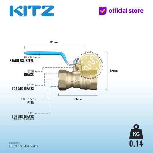 KITZ Ball Valve 8 bar , Gagang Biru , Fig. ZH , 1/2" - 15A - 15mm , Drat Screw