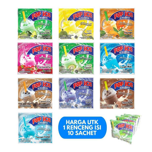 Pop ice 25gr Renceng 10 Sachet Durian Melon Coklat Taro Mangga Vanilla