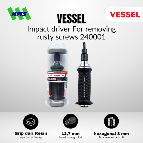 Obeng Ketok VESSEL Impact Driver Set No. 240001 Resin Grip Magnet Gagang Bola Sekrup Karat Dol