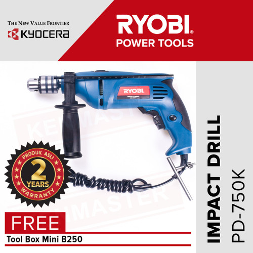 [EZM.2500478] Ryobi Bor Impact Drill PD-750K+KIT Suku Cadang+Koper+ToolBox+FaceShiel